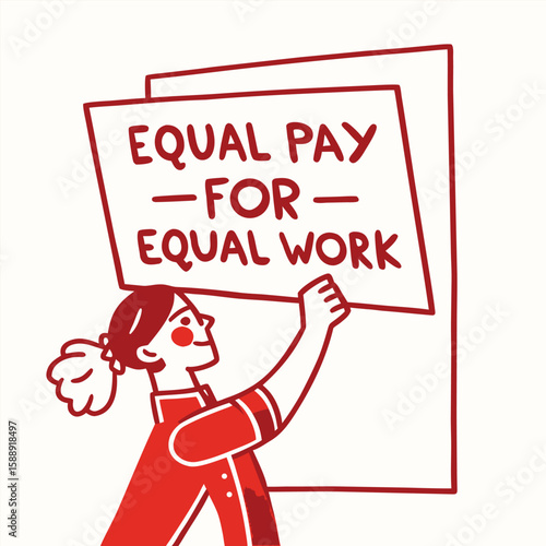 Illustration of a woman holding a sign advocating for equal pay for equal work in red outline style