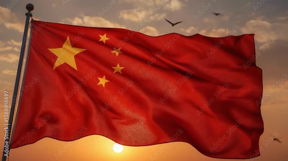 Chinese Flag Illuminated by Sunset – National Day Warm Tribute Chinese Flag Illuminated by Sunset – National Day Warm Tribute