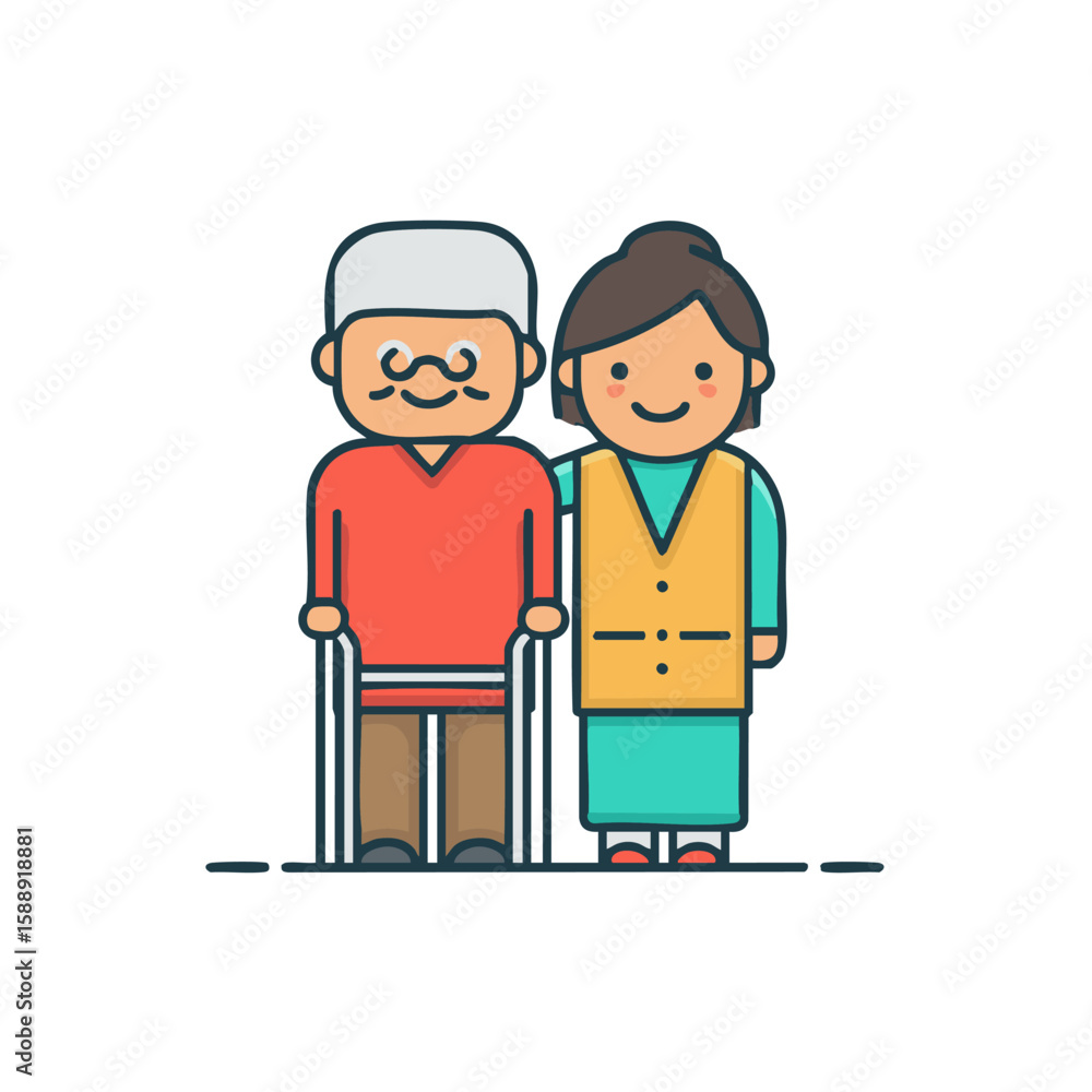 Elderly care illustration home health aide assisting senior man with walker Elderly care illustration home health aide assisting senior man with walker