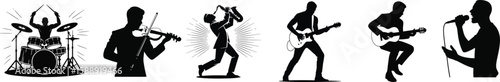 Silhouette vector set of musicians playing drum, violin, saxophone, and guitar in dynamic performance poses.