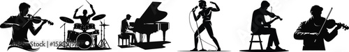 Silhouette vector collection of drummer, pianist, singer, and violinist performing on stage in black and white.