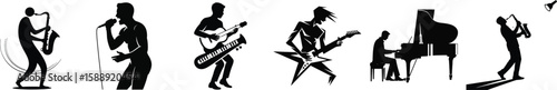 Silhouette vector illustration of singer, guitarist, keyboardist, and pianist performing music on stage.