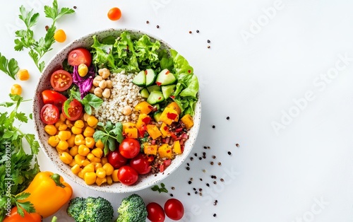 Healthy vegetarian Buddha bowl with fresh vegetables, grains, and legumes on white background. Balanced nutrition concept with copy space