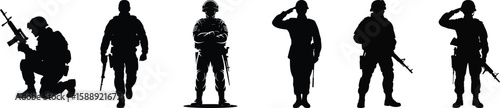 Silhouette vector illustration of soldiers saluting, standing, and holding rifle in various military poses.
