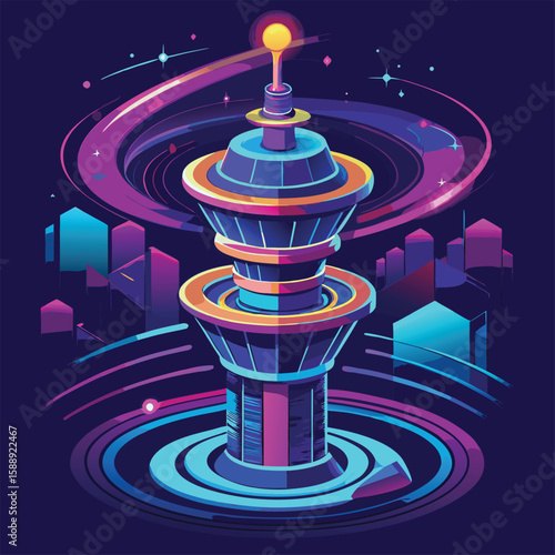 Futuristic Neon Gradient Vector of Tower with Monorail