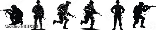 Silhouette vector illustration of soldiers in action, aiming, running, and standing with rifle in military uniform.