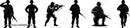 Silhouette vector illustration of soldiers saluting, aiming, standing, and kneeling in various military poses.