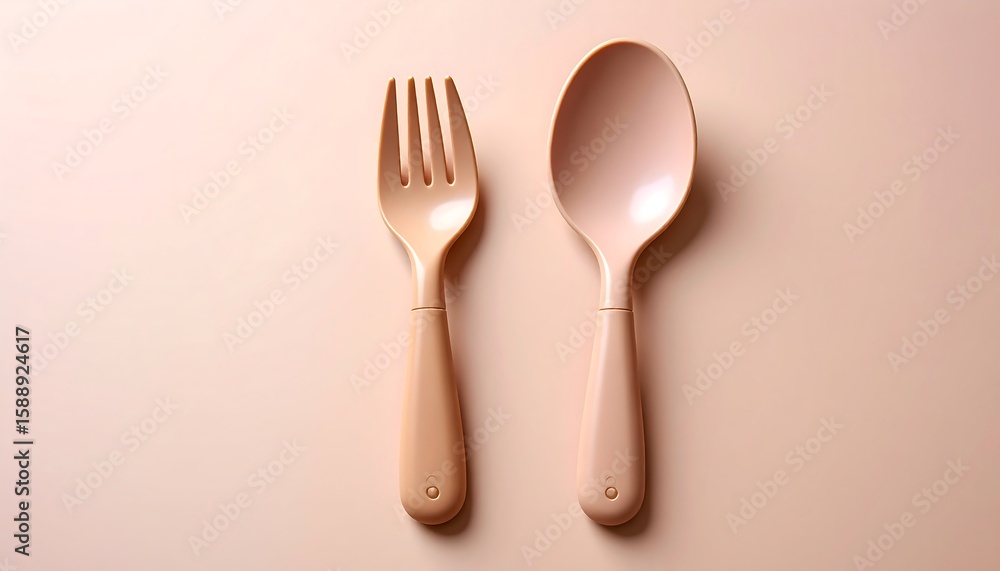 Beige plastic fork and spoon on pastel background Beige plastic fork and spoon on pastel background