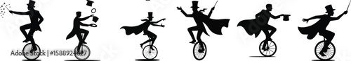 Silhouette vector illustration of magician riding unicycle, holding wand and hat, performing magic tricks.