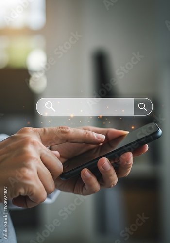 Person using a smartphone with a digital search bar overlay, suggesting online browsing.
