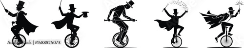Silhouette vector set of magician on unicycle, performing with wand, hat, and magic star in creative poses.