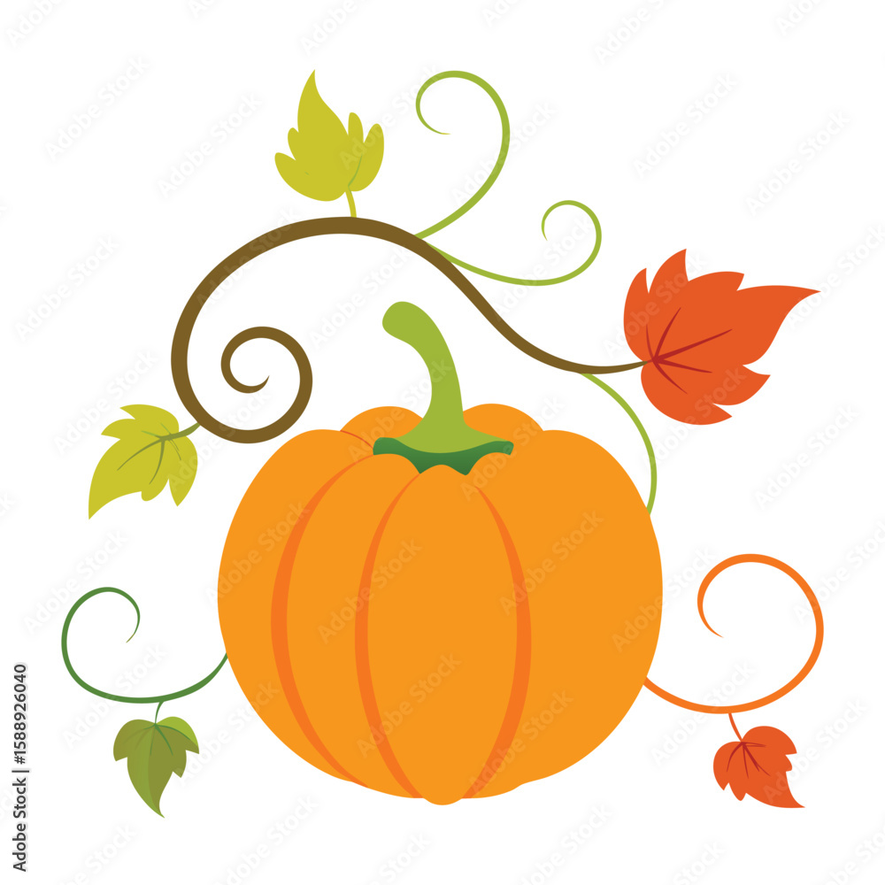 Naklejka premium Festive autumn pumpkin with swirling curly vines and a bountiful cascade of colorful fall leaves perfect for seasonal decorations and harvest celebrations