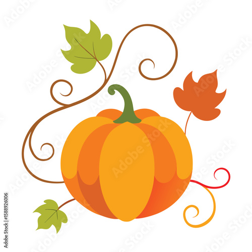 Festive autumn banner design featuring a vibrant pumpkin adorned with swirling curly vines and a bountiful cascade of seasonal elements