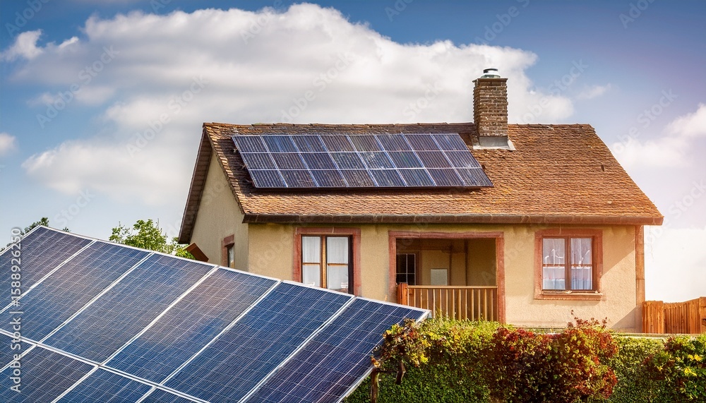 Fototapeta premium old home vs modernized home with solar panels