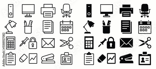 Office Supplies and Equipment Icons in Black and White Style