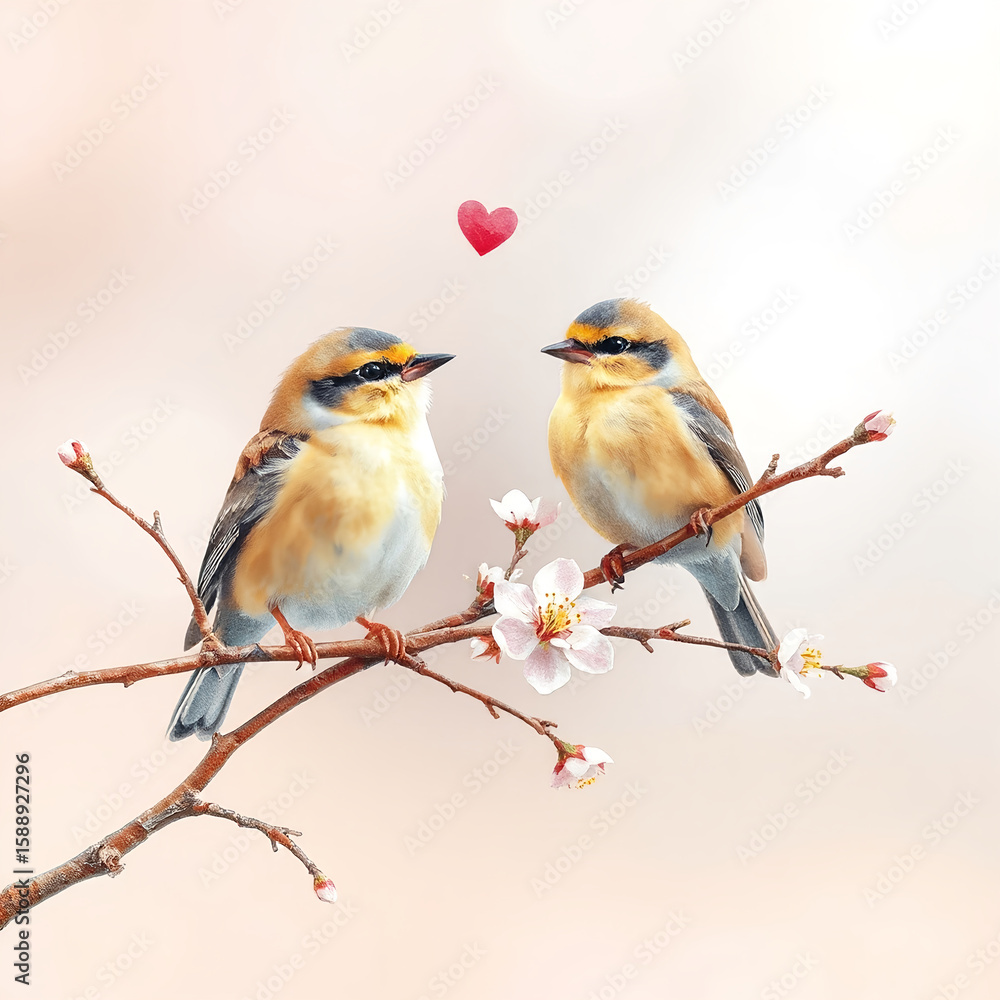Obraz premium Two Birds on a Blossoming Branch with Romantic Mood Against a Soft Pastel Background