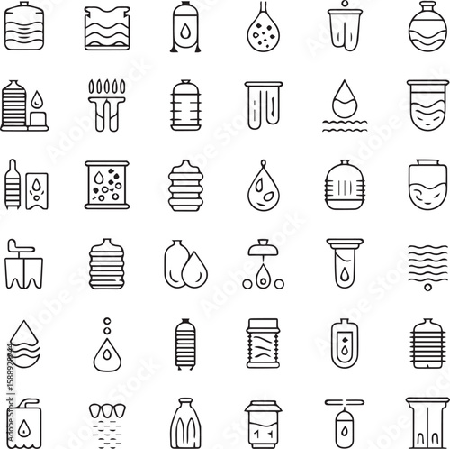 Diverse Collection of Water Related Icons Showcasing Purity Filtration and Hydration Themes in a Minimalist Black and White Design
