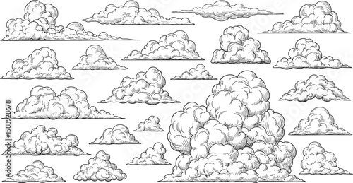 Hand drawn monochrome cartoon clouds