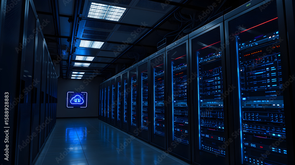 Fototapeta premium Modern data center with computer servers. dark room with information technology equipment for cloud storage, cyber security control, blue light portal, ai, cloud storage. Generative AI