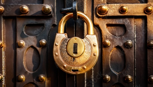 a large golden lock hangs on an iron door in close up