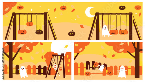 Halloween themed playground scene with ghosts pumpkins swings and autumnal foliage in warm colorscheme