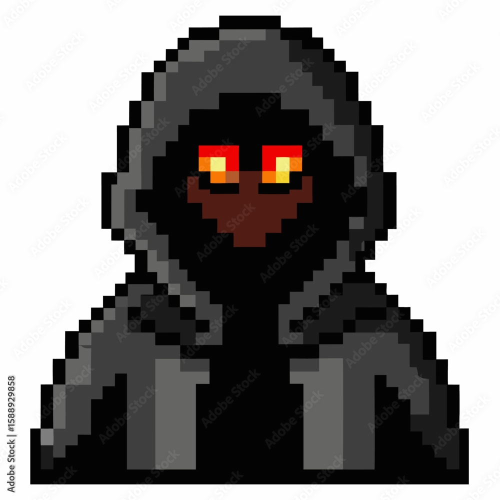 Fototapeta premium Pixel Art Hooded Figure with Glowing Eyes on White Background in 8 Bit Style