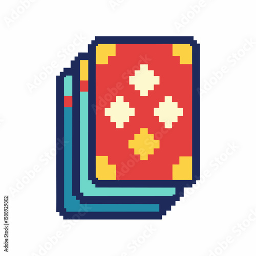 Retro Pixel Art Books in Stack with Vibrant Colors on White Background