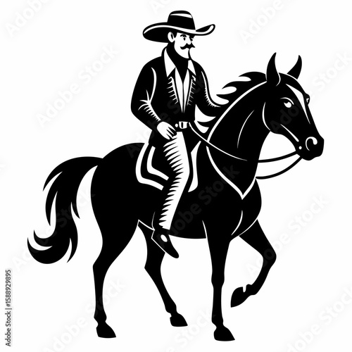 Vintage Cowboy Riding Horse Illustration   Western Art Line Drawing