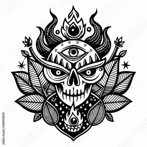 Mystical skull with flames and leaves in intricate black and white illustration