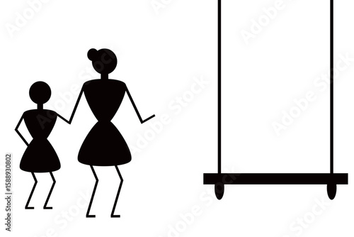 Warli tribal art style, showing a woman and a girl standing beside a empty swing. artwork captures rural Indian life and emotional bonding through traditional folk representation