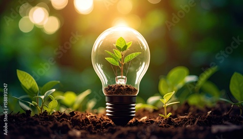 A lightbulb with a sprout inside, surrounded by greenery