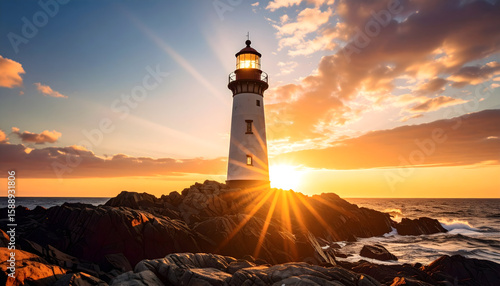 Lighthouse at Sunset on Rocky Coast