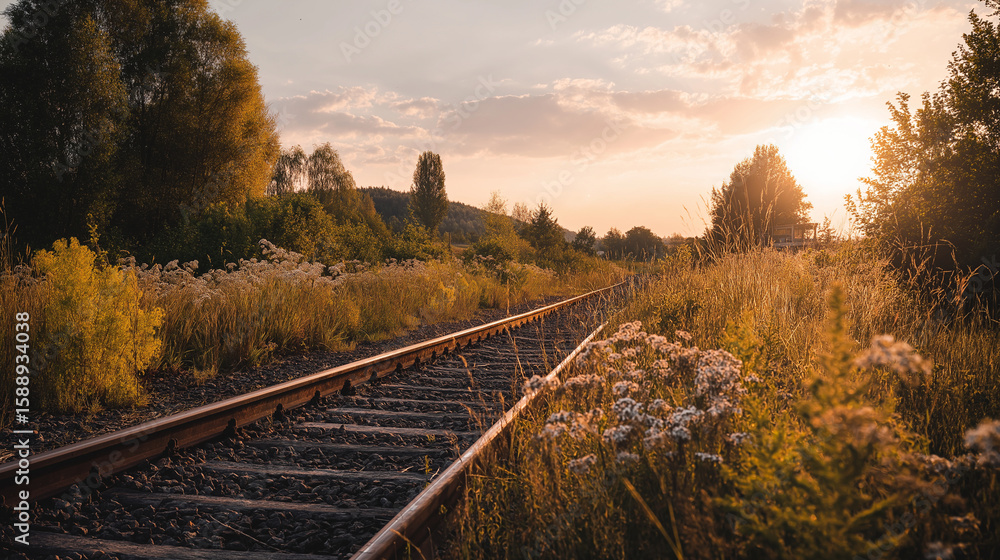 Fototapeta premium Golden Hour Railroad Sunset Landscape
