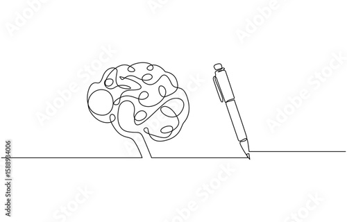 One continuous line of brain drawing pen. Creating new idea and mindset improvement, Brain drawing pen line art in Editable stroke. Doodle Vector illustration