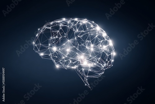 Illustration of digital brain with neural network connections and glowing lights on blue background