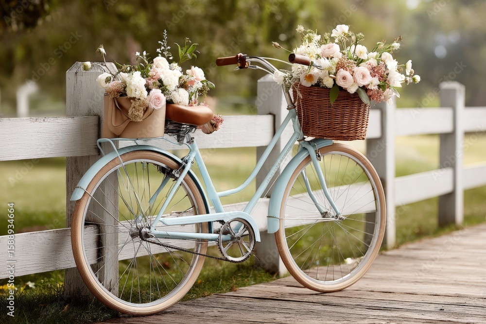 Fototapeta premium Vintage blue bicycle decorated with flowers on country path