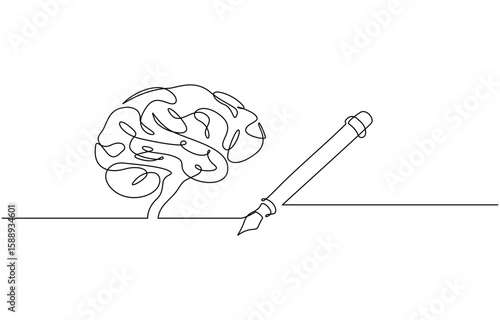 One continuous line of brain drawing pen. Creating new idea and mindset improvement, Brain drawing pen line art in Editable stroke. Doodle Vector illustration