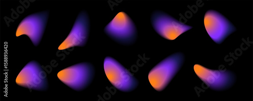 Ten abstract, blurry shapes in shades of violet and orange appear against a black backdrop. The shapes resemble droplets or fluid forms, exhibiting smooth color gradients.
