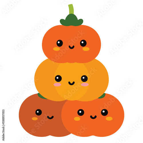 Charming kawaii style pumpkins stacked vertically with adorable faces for autumn and halloween celebrations
