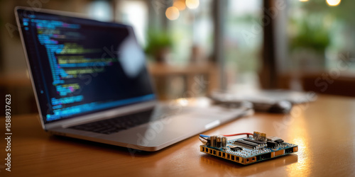 Laptop with programming code and electronic circuit board on wooden table in cozy room