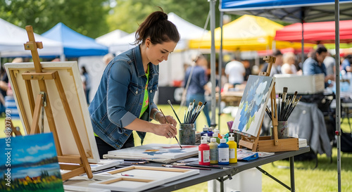 Female artist arranging paintings and art supplies at an outdoor art fair or market.