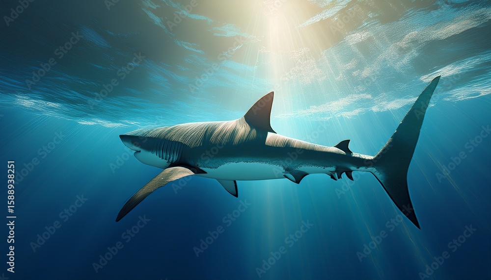 Obraz premium ultra hd photo shark underwater view from under back shark tail in ocean and buetiful ray light 3d rendering