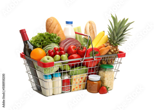 Full shopping basket overflowing with fresh produce and groceries food