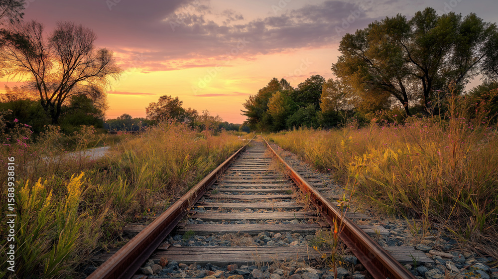 Fototapeta premium Sunset Railroad Tracks: Journey to Hope