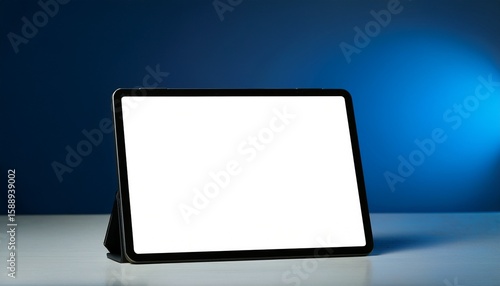 an ipad standing horizontally showing a white screen on a table blue lighting background inside a room of artist