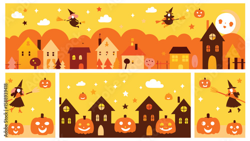 Halloween themed illustration featuring witches flying over houses and pumpkins under a moonlit sky scene