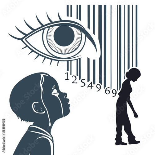 Illustration depicting a crying child under an eye and barcode with a woman silhouette near by