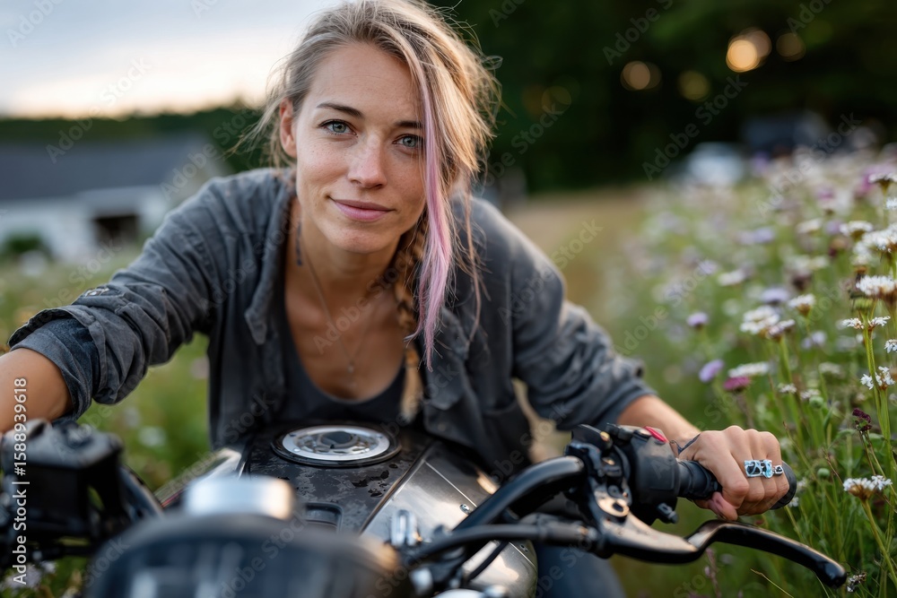 A confident woman sits on a motorcycle surrounded by blooming flowers, embodying the spirit of adventure and exploration in a serene natural setting. A confident woman sits on a motorcycle surrounded by blooming flowers, embodying the spirit of adventure and exploration in a serene natural setting.