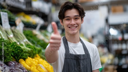 野菜売り場でサムズアップして微笑む若い男性店員