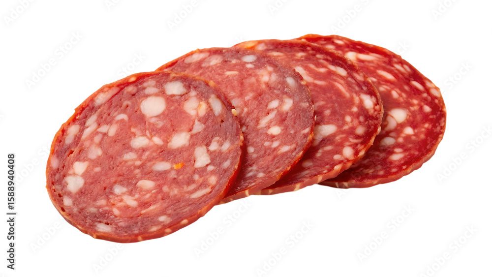 Spicy salami slices with white fat marbling cured meat Spicy salami slices with white fat marbling cured meat